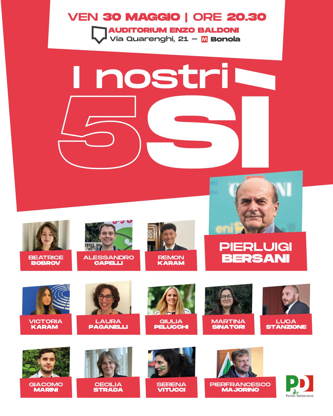 Venerdì 30 maggio per cinque sì ai referendum, con Bersani
